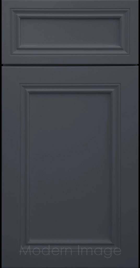 Close-up of Corona cabinets in Sea matte with mitered molding and flat center panel.